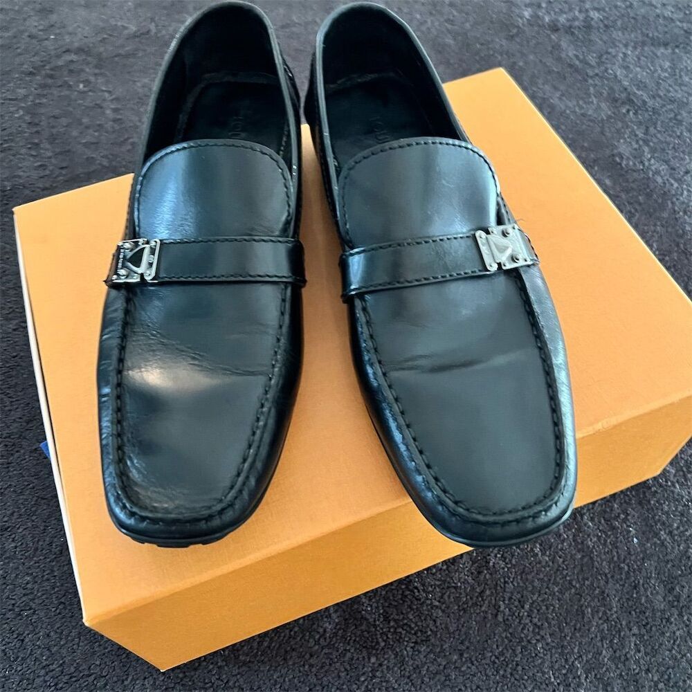 Louis Vuitton Men's Black Leather Loafers Size 10.5 Slip-On Casual Shoes - Picture 2 of 6
